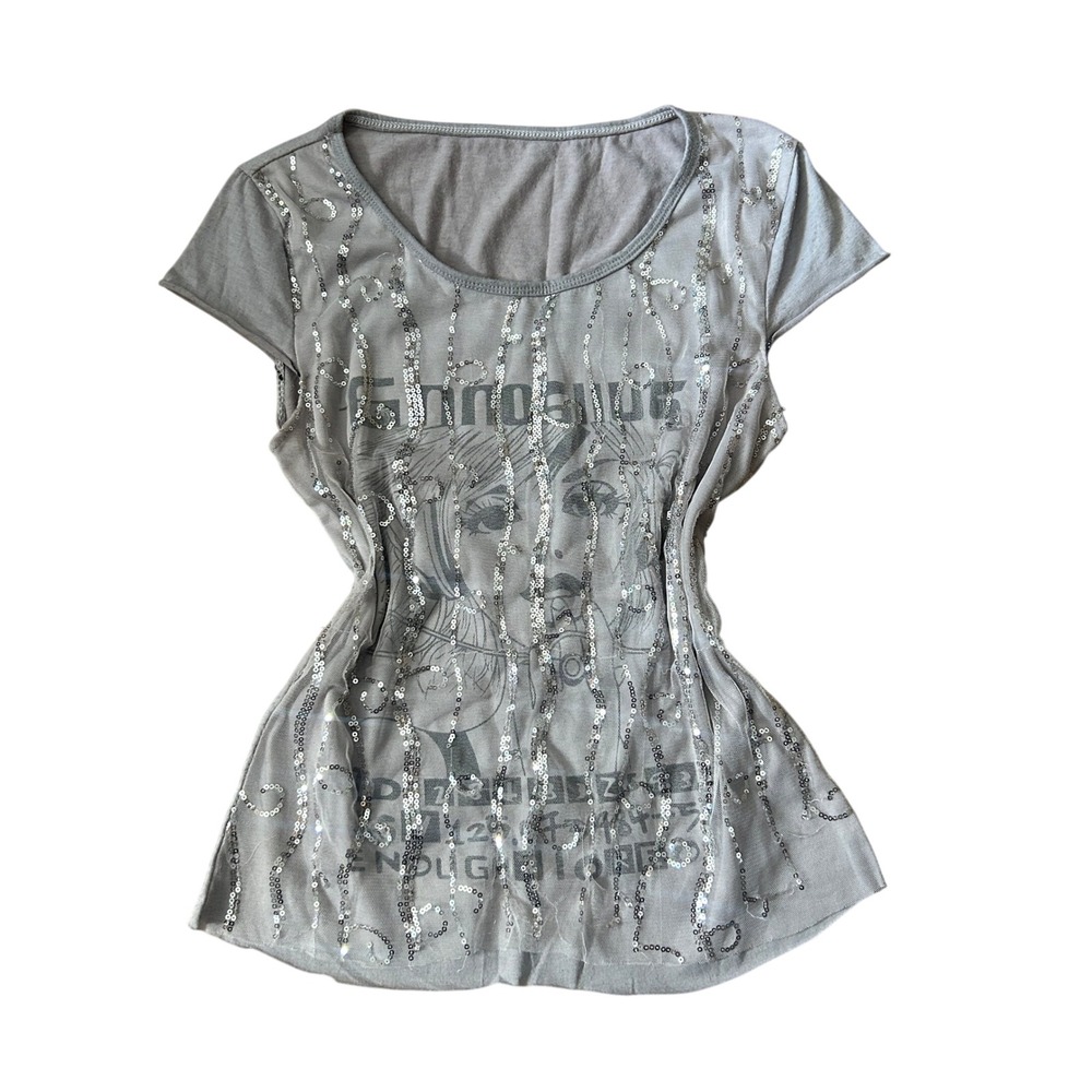 Grey Y2K Sequin Mesh Layered Anime Graphic Tee Short Sleeve Scoop Neck Top